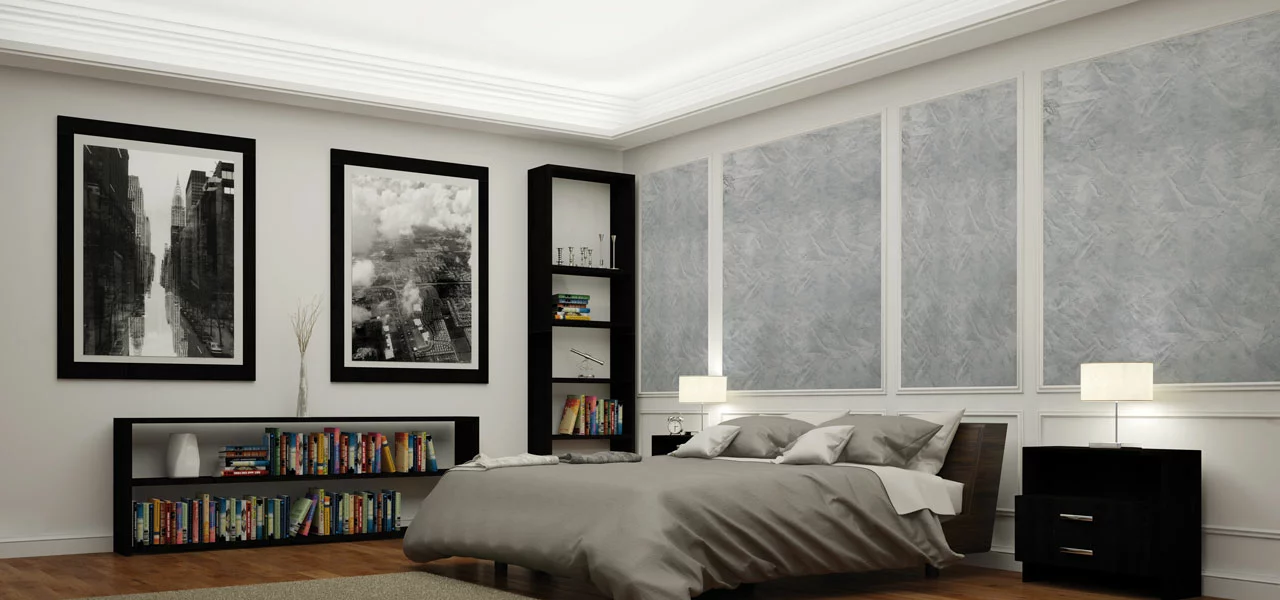 Schlafzimmer mit einer Metallicwachs-Wand im Hintergrund 