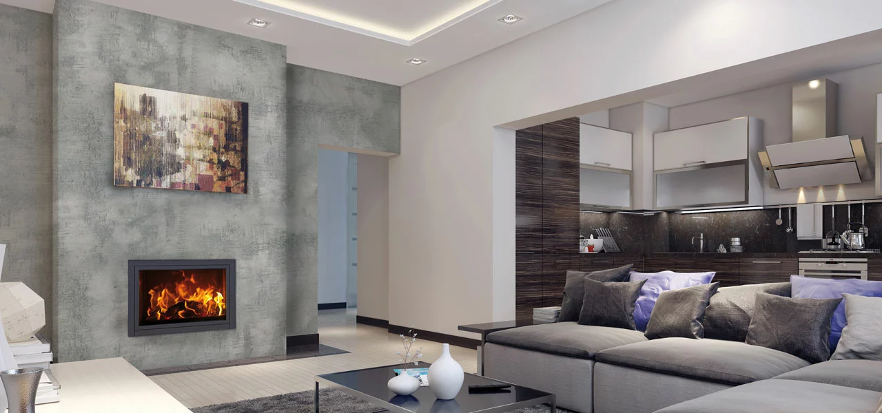 Wohnzimmer mit einer Wand in Betonoptik