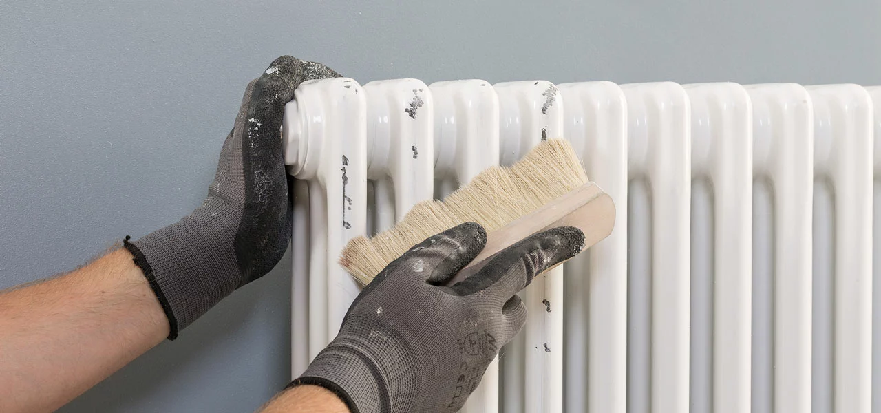 Der Heizkörper wird vor dem Streichen mit einer Bürste von Staub und Schmutz befreit