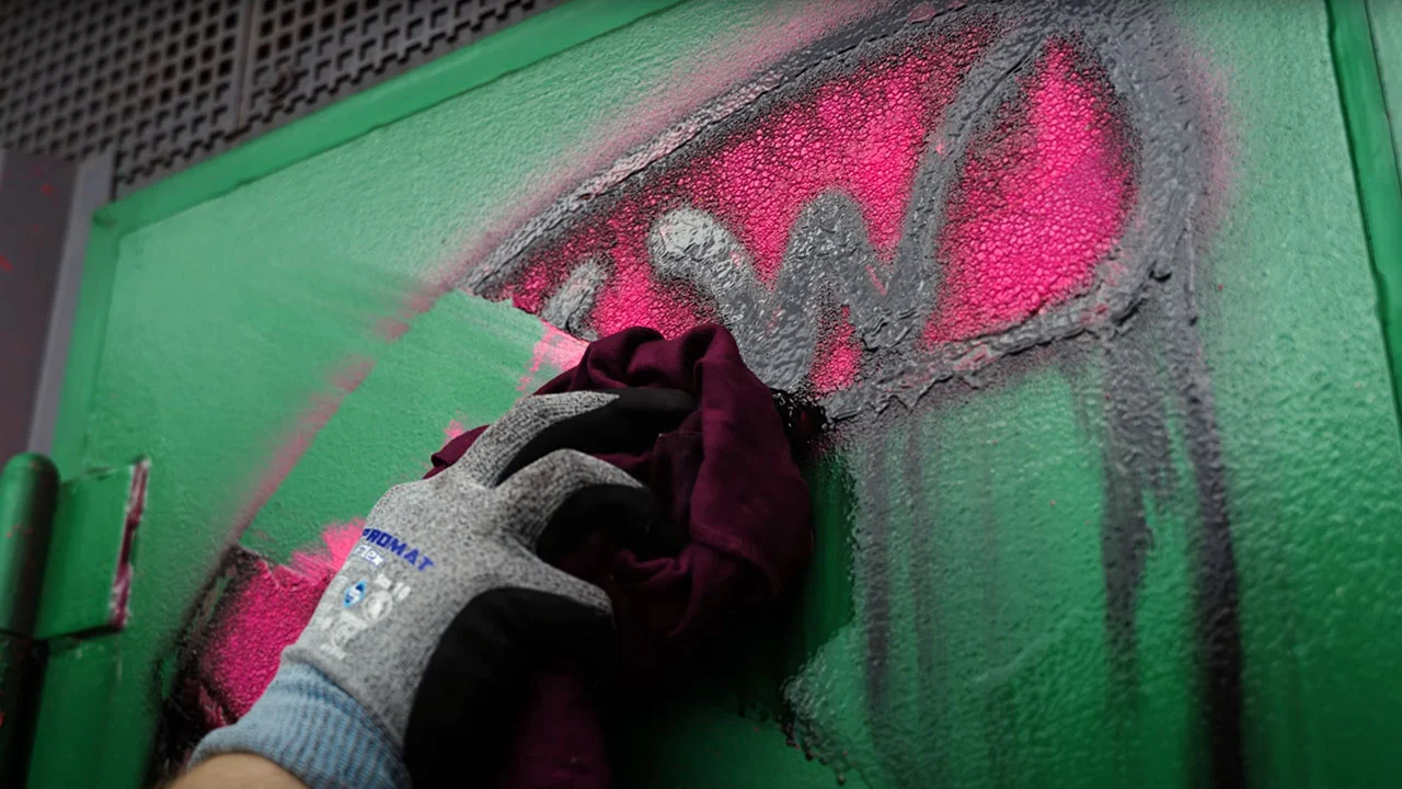 Graffit wird mit dem Graffiti-Reiniger entfernt
