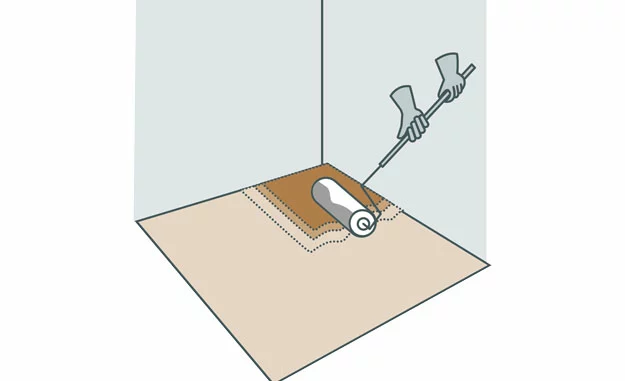 Beschichtungsaufbau Bodenspachtel wird gezeigt - Siegel wird mit einer Rolle aufgetragen 